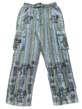 Rising International Cotton Unisex Striped Cargo Pant with Block Print -- NWT